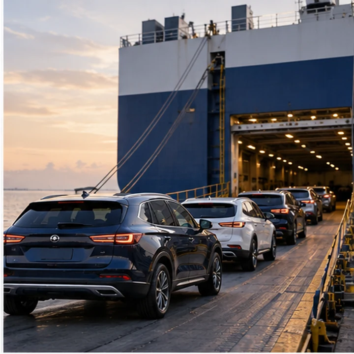 Passenger vehicles staged beside port cargo